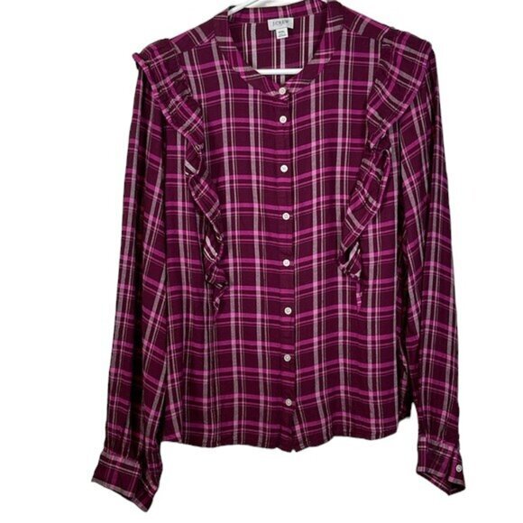 J. Crew Tops - J Crew Plaid Checkered L/S Bohemian Victorian Maroon Blouse XXL EUC #1133